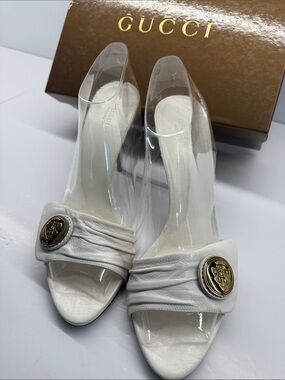 Gucci White Leather Slide Heels with Gold Medallion